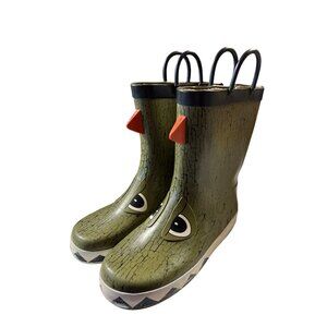 Kids Dinosaur Rain‎ Boots with Handles Green & Orange Size 2